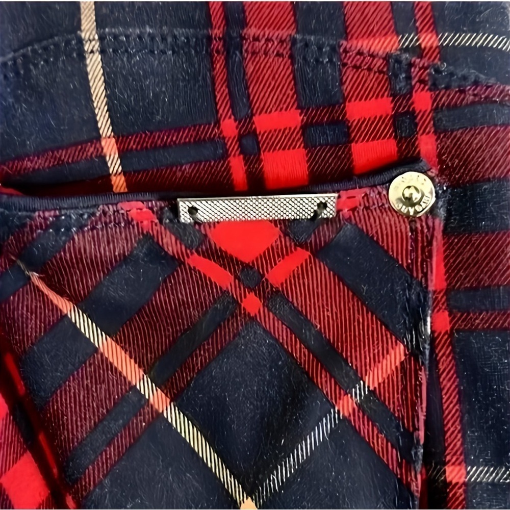 Peter Nygard Pull-On Skinny Ankle Stretch Pants Red Blu Plaid Grunge Women’s M - Picture 5 of 7
